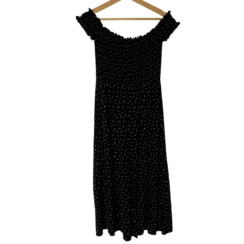 Forever 21 black ruched maxi dress off the shoulder women's L little flowers
